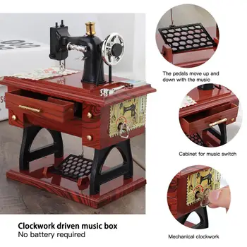 Šijací stroj Music Box Mini Vintage Retro Šitie Hodinky Music Box Darček Tabuľka Domáce Dekorácie