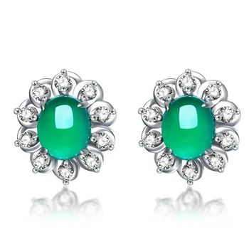 Strieborná Farba 925 Šperky Zelená Chalcedony Náušnice Pre Ženy Elipsovitý Rez Jade Zirkón Diamond Náušnice Svadobné Zapojenie Jemné Šperky