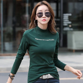 Shintimes List Tlač Pol Turtleneck T Shirt Ženy kórejský 2020 Klesnúť Dámske Dlhý Rukáv Topy T-Shirt Žena Bavlnené Tričko Femme