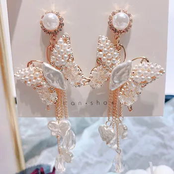 Kórejský Elegantné Motýľ Pearl Strapec Náušnice Pre Ženy, Svadobné Party Drop Dlhé Náušnice Vintage Šperky Bijoux