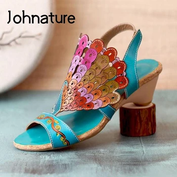 Johnature Ženy Sandále pravej Kože 2020 Nové Letné dámske Topánky Háku & Slučky Ručne maľované Retro Šitie Bežné Dámy Sandále