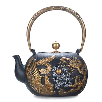 High-end liatiny retro kanvica Čínske dekorácie dragon a phoenix vody kanvicu Japonské remeslá medi kryt liatinový hrniec