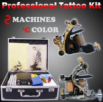 Profesionálny Kompletný Tetovanie Auta Stroj Napájanie 2 zbrane 40 Farebné Atramenty Jednorazové Ihly Tipy Set s Účtovnou Box