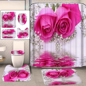 Meigar Pink Rose Tlačený Vzor 180x180cm Sprchový Záves Podstavec Koberec Veko Wc Kryt Mat Non-slip Vaňa Mat Nastaviť Kúpeľňa