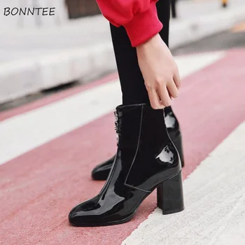 Topánky Ženy Trendy Zips Lakovanej Kože Žena Prst Členok Boot Elegantné Kórejský Teplé Krátke Plyšové Námestie Päty Topánky Dámske Čierne