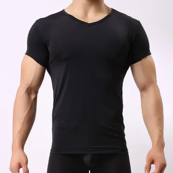 Mens Undershirts Sexy Ice Hodváb Krátky Rukáv Obyčajné tričká Bezšvové Športové Fitness Joggings Košele Camisetas Sleepwear Plus Veľkosť