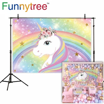 Funnytree Jednorožec Fotografie Pozadí Rainbow Deti 1. Narodeniny Pozadie Strany Cartoon Photocall Photo Studio Photophone