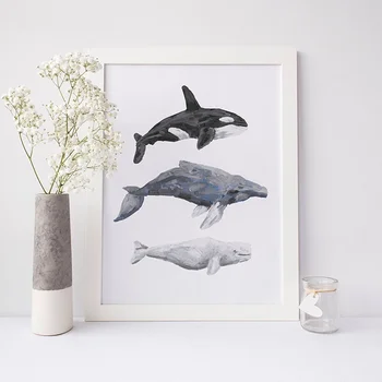 Moderný Minimalistický Štýl Modrá A Čierna Veľrýb A Beluga Veľrýb Plátno Na Maľovanie Tlače, Plagát, Obraz Wall Art Domáce Dekorácie