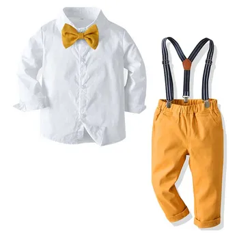 Chlapčenské Obleky Deti Formálne Gentleman Šaty Biele Deti Bowtie Tričko Trakmi, 3ks Sady Deti Oblečenie, Svadobné Party Oblečenie