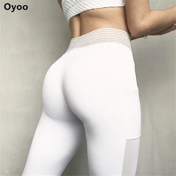 Oyoo jedinečný vysoký pás športové legíny s bočné vrecko biela oka jogy nohavice, pevné školenia nohavice ženy black fitness nohavice