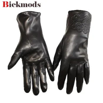 Kožené rukavice žena vysokej kvality goatskin tenké vlna line obloženie na jar a na jeseň teplé žien business vodičské rukavice