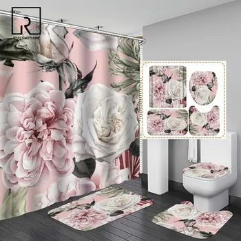 Ružové Veľké Kvety Vytlačené Sprchový Záves Set s Koberec Anti-slip Koberec Vaňou, Wc Displeja Vodotesný Kúpeľňa Dekor s Háčikmi