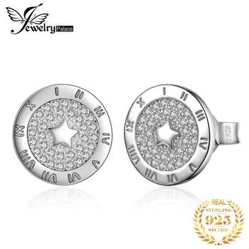 JewelryPalace Kolo Cubic Zirconia Star Kruhové Leptané Rímskou Číslicou Stud Náušnice 925 Sterling Silver Náušnice Ženy Šperky