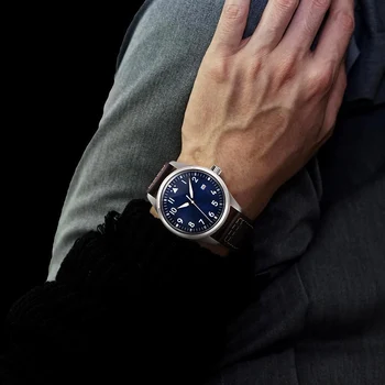 Kožený pásik, šport voľný čas retro pánske 40 mm vodotesné mechanické hodinky z nerezovej ocele shell kvalitné svietiace ručičky dátum