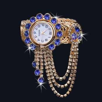Luxusné Ženy Drahokamu Strapec Okrúhly Ciferník Analógový Quartz Otvoriť Náramok Hodiniek Duté plný diamantový náramok hodiniek quartz hodinky