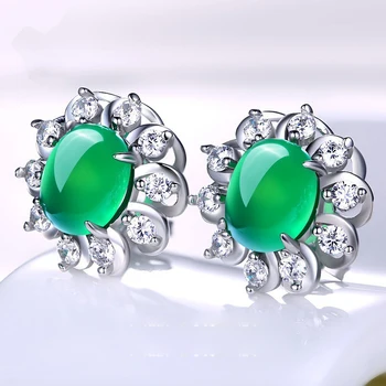Strieborná Farba 925 Šperky Zelená Chalcedony Náušnice Pre Ženy Elipsovitý Rez Jade Zirkón Diamond Náušnice Svadobné Zapojenie Jemné Šperky